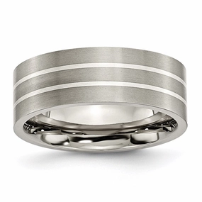 Titanium Sterling Silver Inlay Flat 8mm Brushed Band | TB213