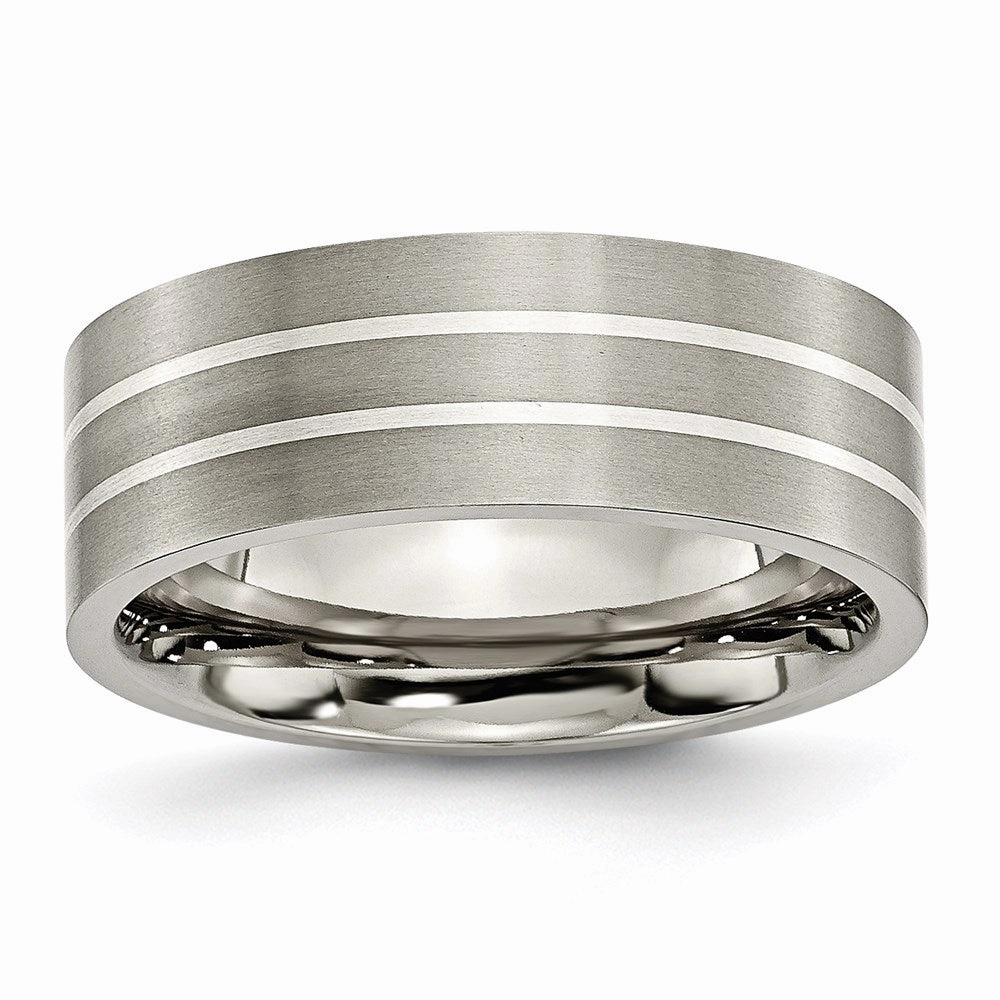 Titanium Sterling Silver Inlay Flat 8mm Brushed Band | TB213