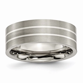 Titanium Sterling Silver Inlay Flat 8mm Brushed Band | TB213