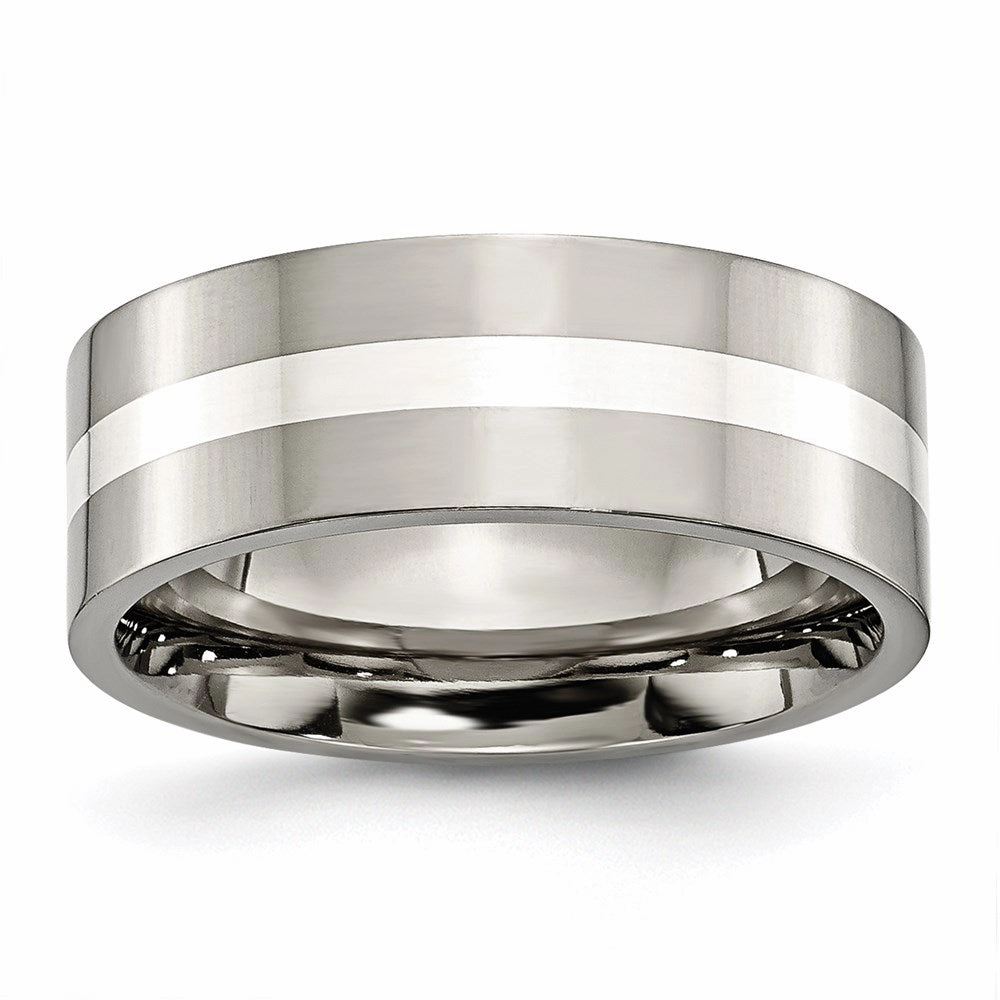 Titanium Sterling Silver Inlay Flat 8mm Polished Band | TB209