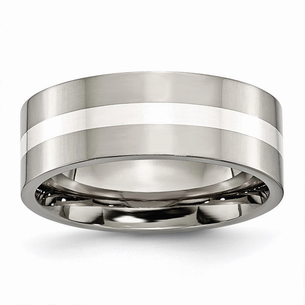 Titanium Sterling Silver Inlay Flat 8mm Polished Band | TB209