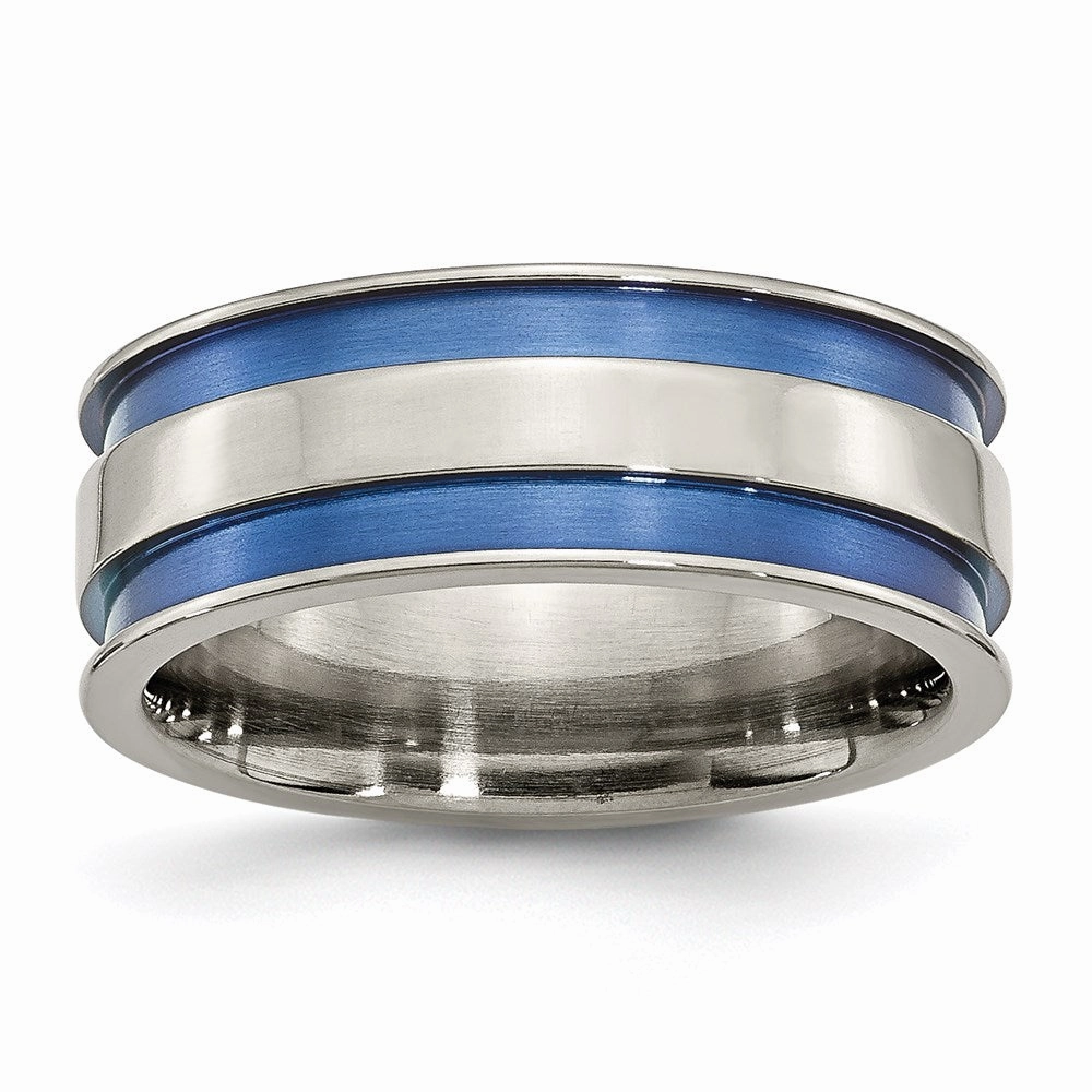 Titanium with Blue Double Groove 8.5mm Polished Band | TB415