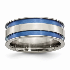 Titanium with Blue Double Groove 8.5mm Polished Band | TB415