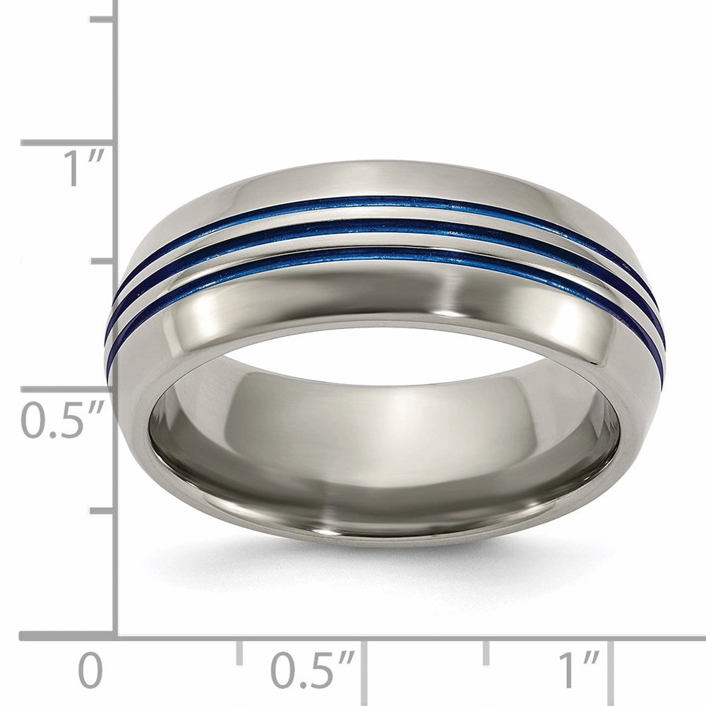 Titanium with Blue Triple Groove Beveled Edges 8mm Polished Band | TB417