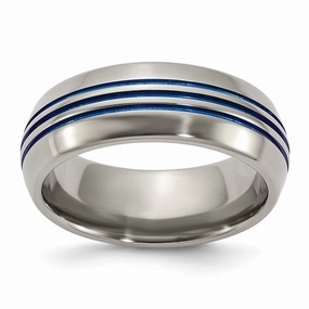 Titanium with Blue Triple Groove Beveled Edges 8mm Polished Band | TB417