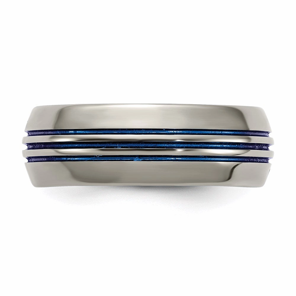 Titanium with Blue Triple Groove Beveled Edges 8mm Polished Band | TB417