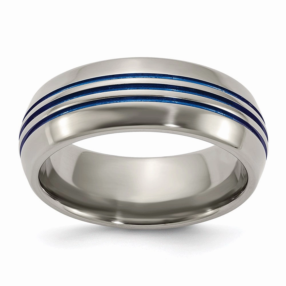 Titanium with Blue Triple Groove Beveled Edges 8mm Polished Band | TB417