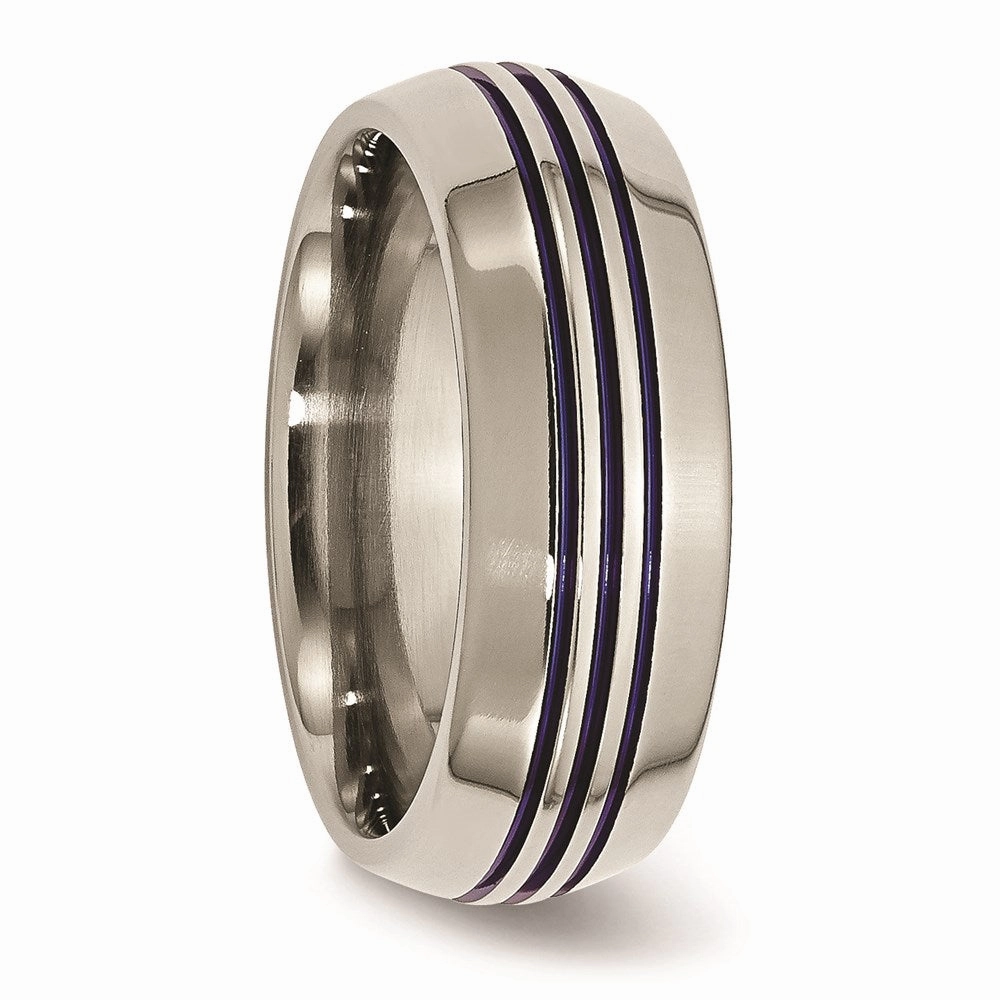 Titanium with Blue Triple Groove Beveled Edges 8mm Polished Band | TB417