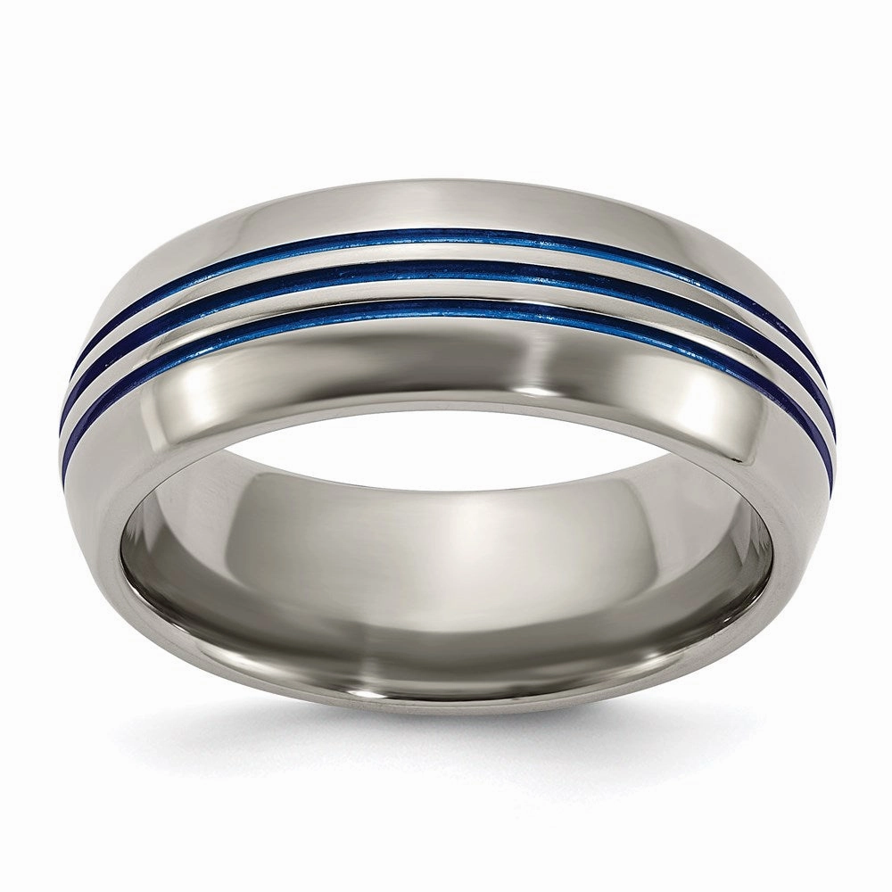 Titanium with Blue Triple Groove Beveled Edges 8mm Polished Band | TB417