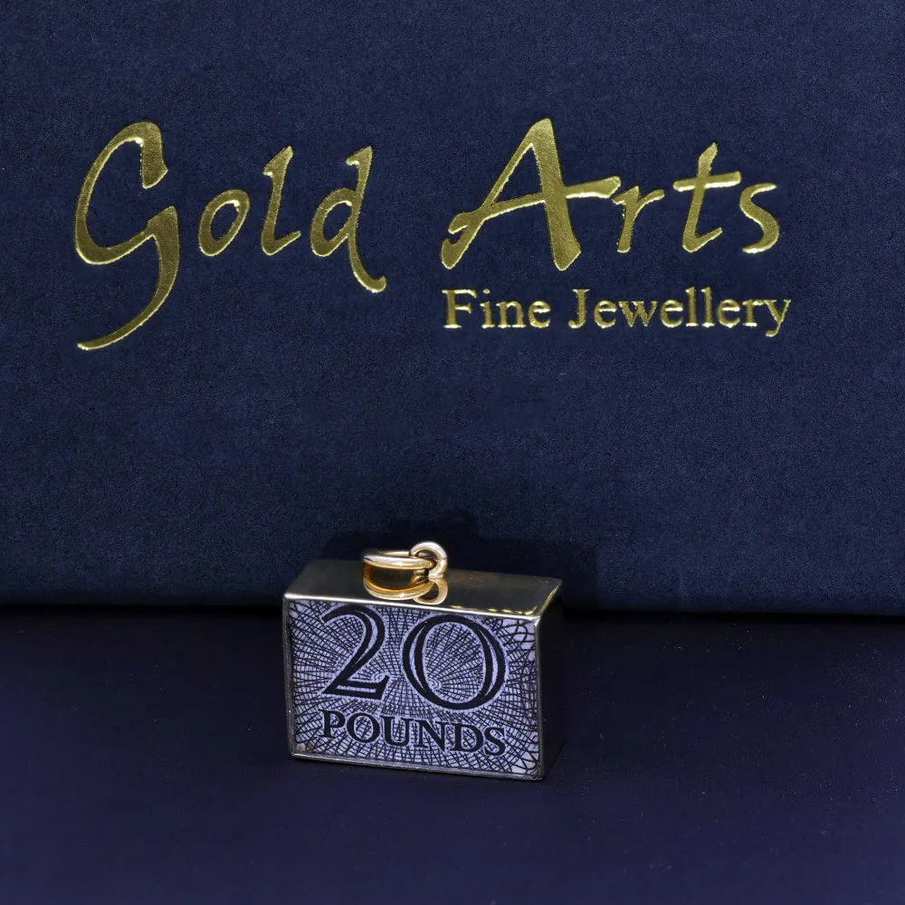 Vintage 9ct Yellow Gold Charm - 20 Old Twenty Pound Note Break In Emergency Box 1970's