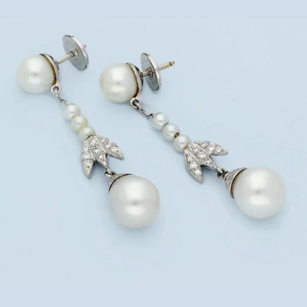 Vintage Cultured Pearl & Diamond 18ct White Gold Drop Earrings