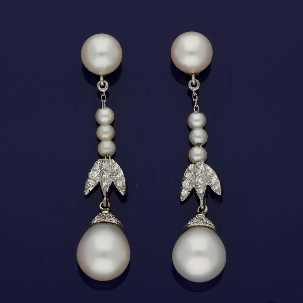 Vintage Cultured Pearl & Diamond 18ct White Gold Drop Earrings