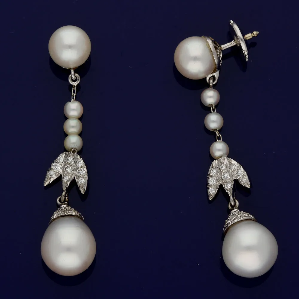 Vintage Cultured Pearl & Diamond 18ct White Gold Drop Earrings