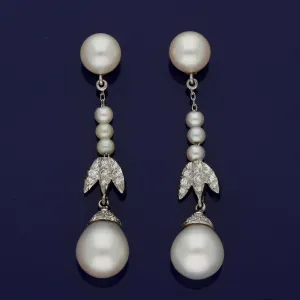 Vintage Cultured Pearl & Diamond 18ct White Gold Drop Earrings