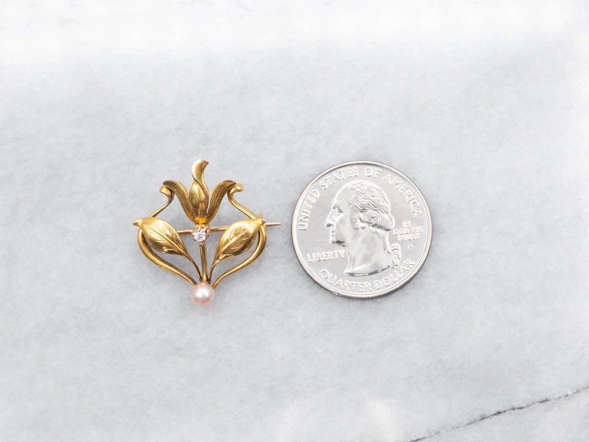Vintage Botanical Diamond and Pearl Brooch