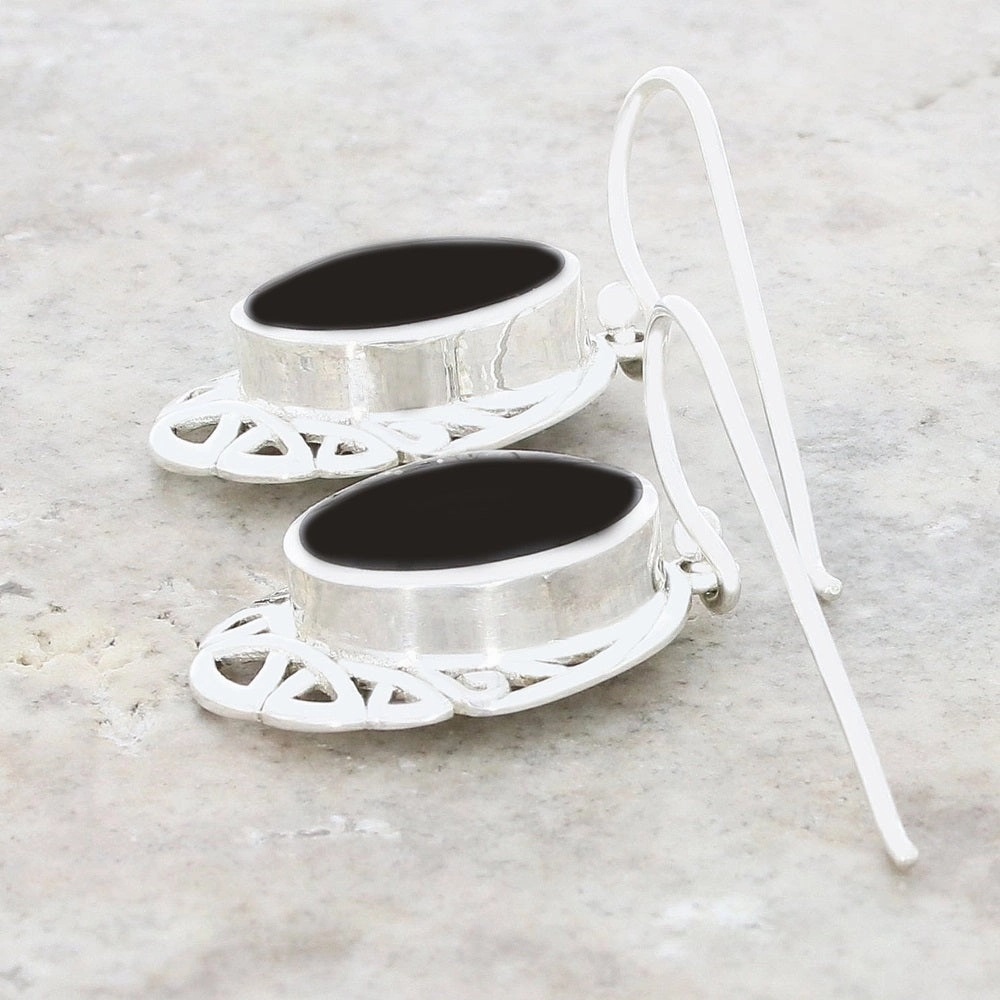 Whitby Jet Sterling Silver Oval Celtic Drop Earrings