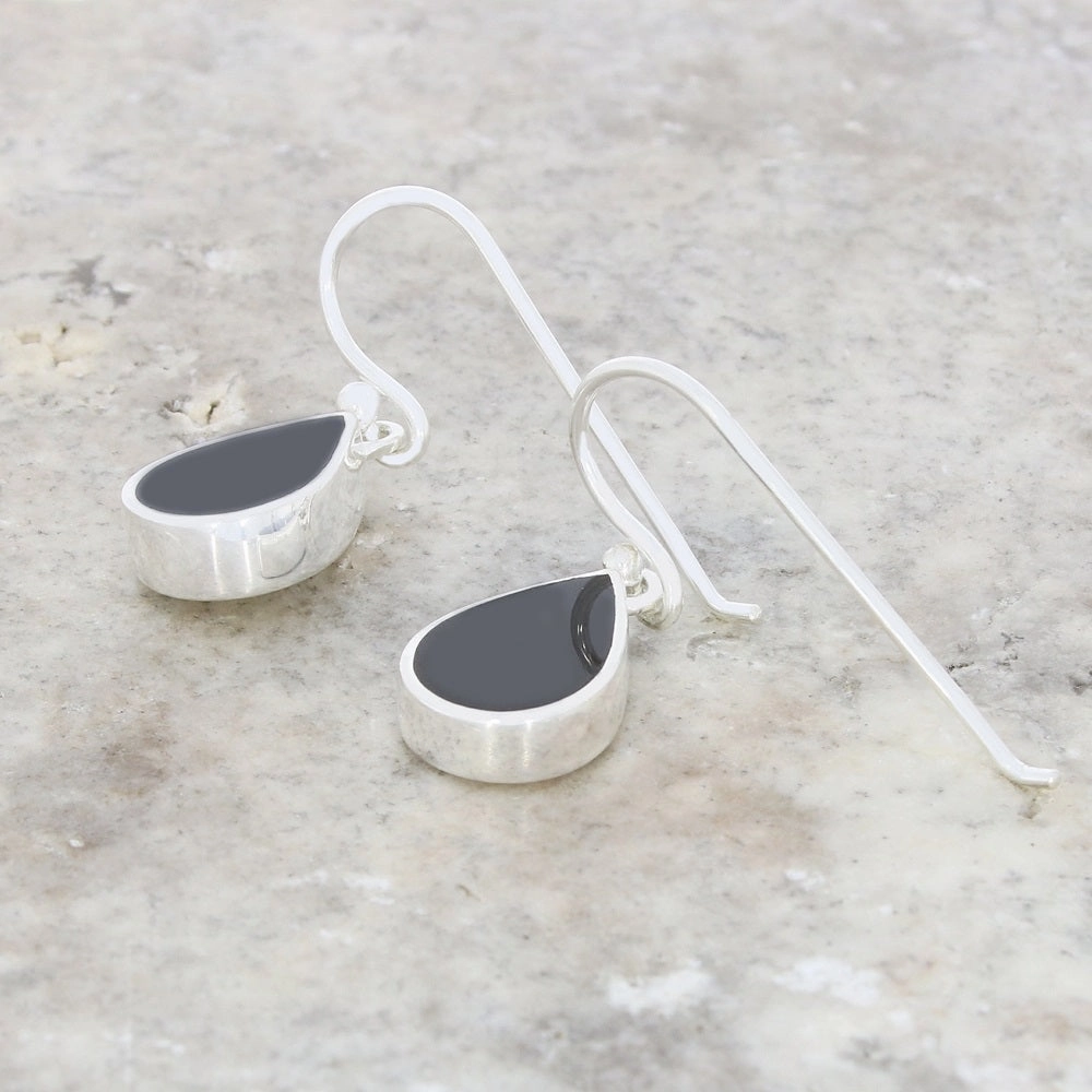Whitby Jet Sterling Silver Pear Shape Drop Earrings