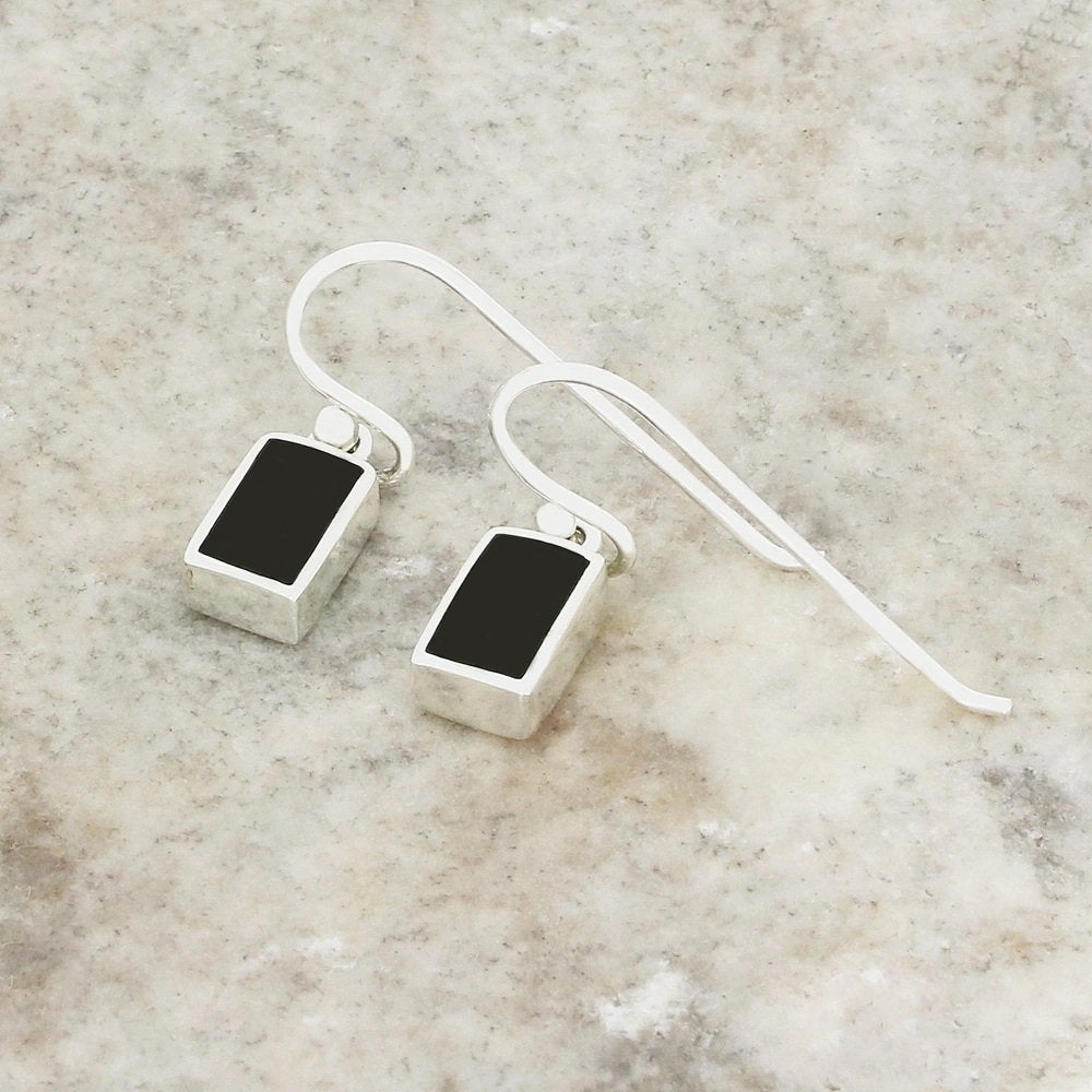 Whitby Jet Sterling Silver Rectangular Drop Earrings