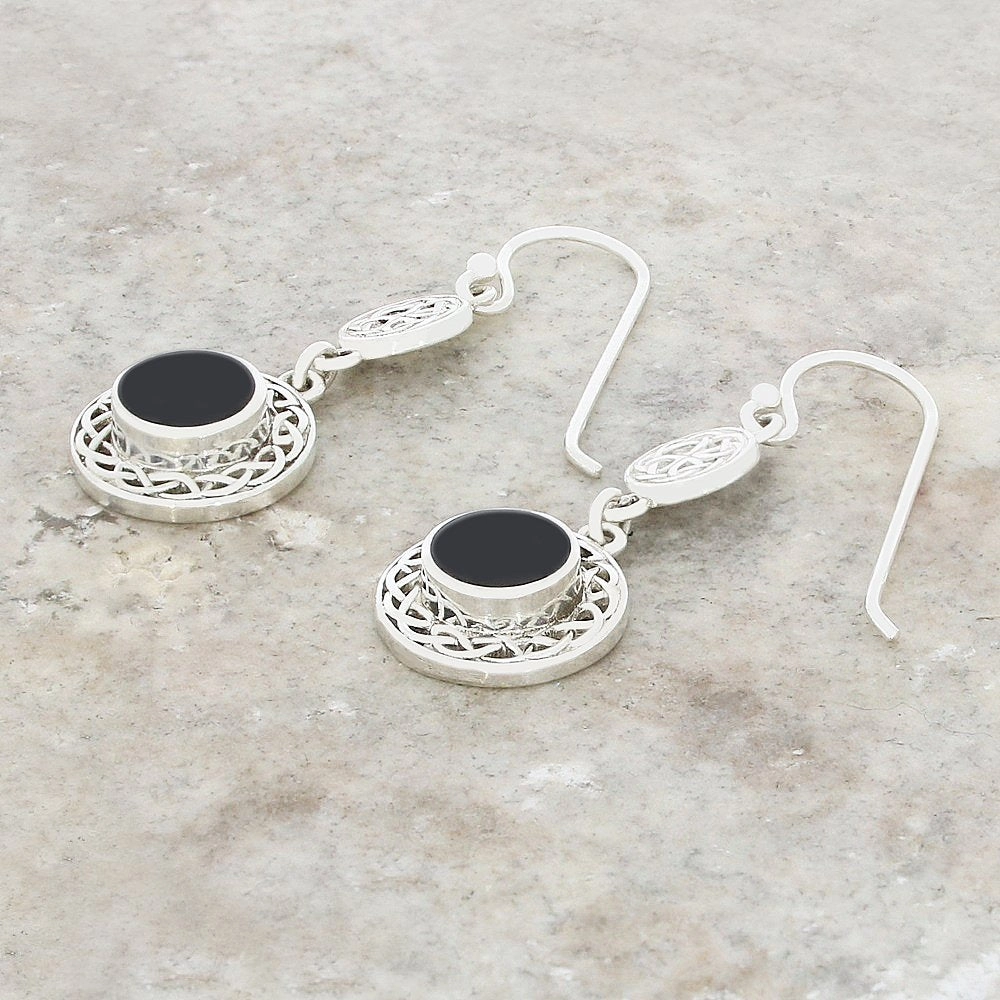 Whitby Jet Sterling Silver Round Celtic Drop Earrings