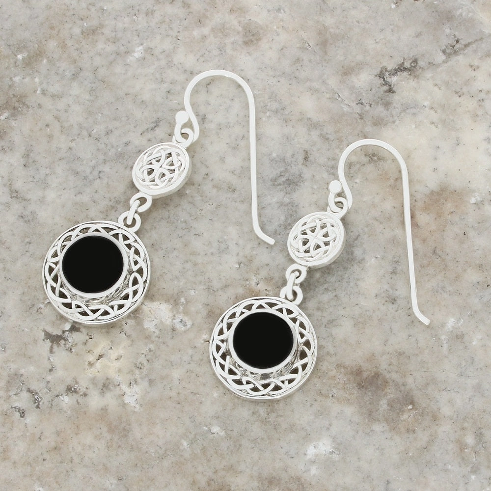 Whitby Jet Sterling Silver Round Celtic Drop Earrings