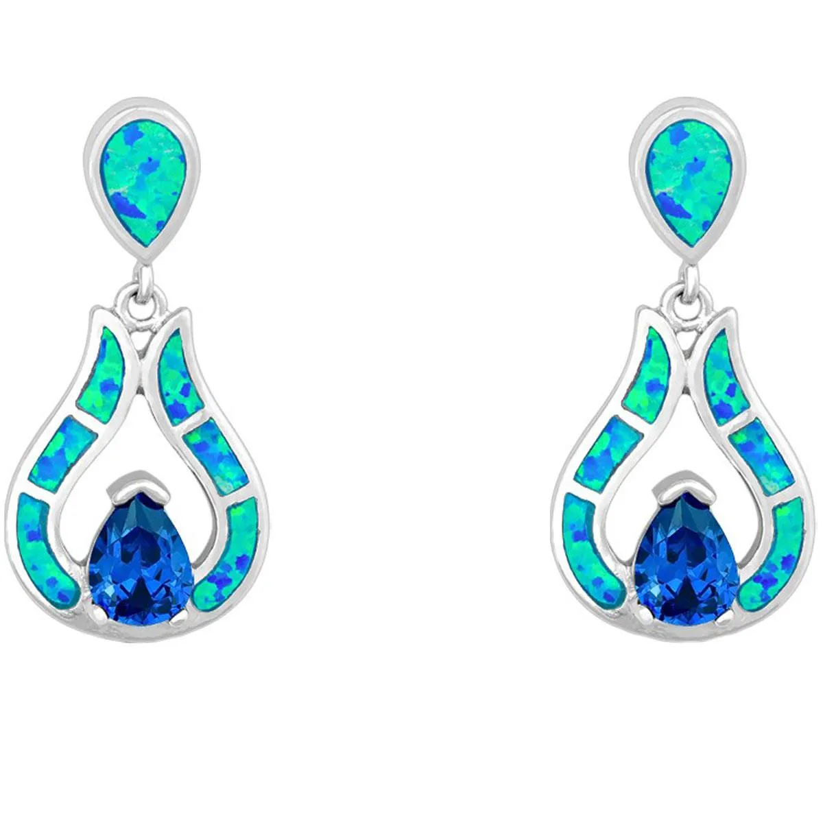 Women's Earrings - Sterling Silver Blue Opal Teardrop with Center CZ | D-5192