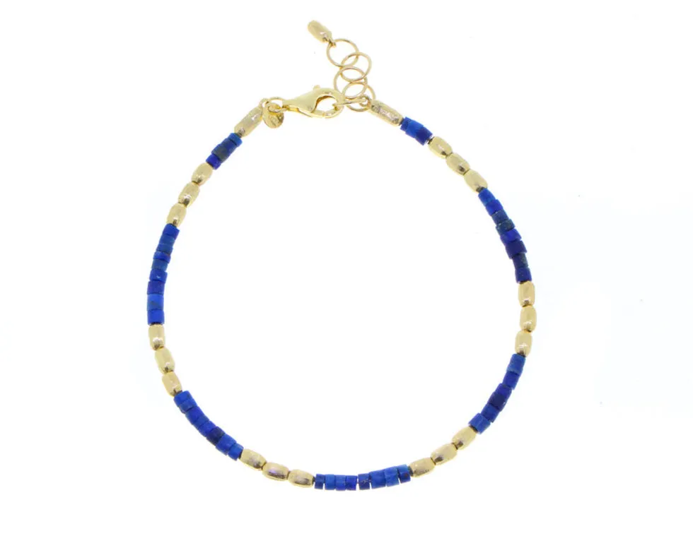 Yellow gold bead bracelets with lapis lazuli, diamonds and turquois