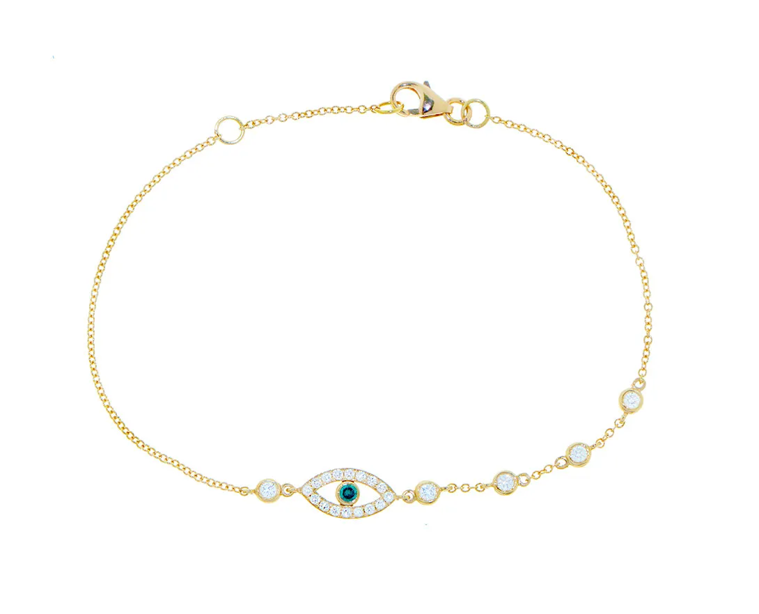 Yellow gold bracelet with a diamond eye and 5 diamonds
