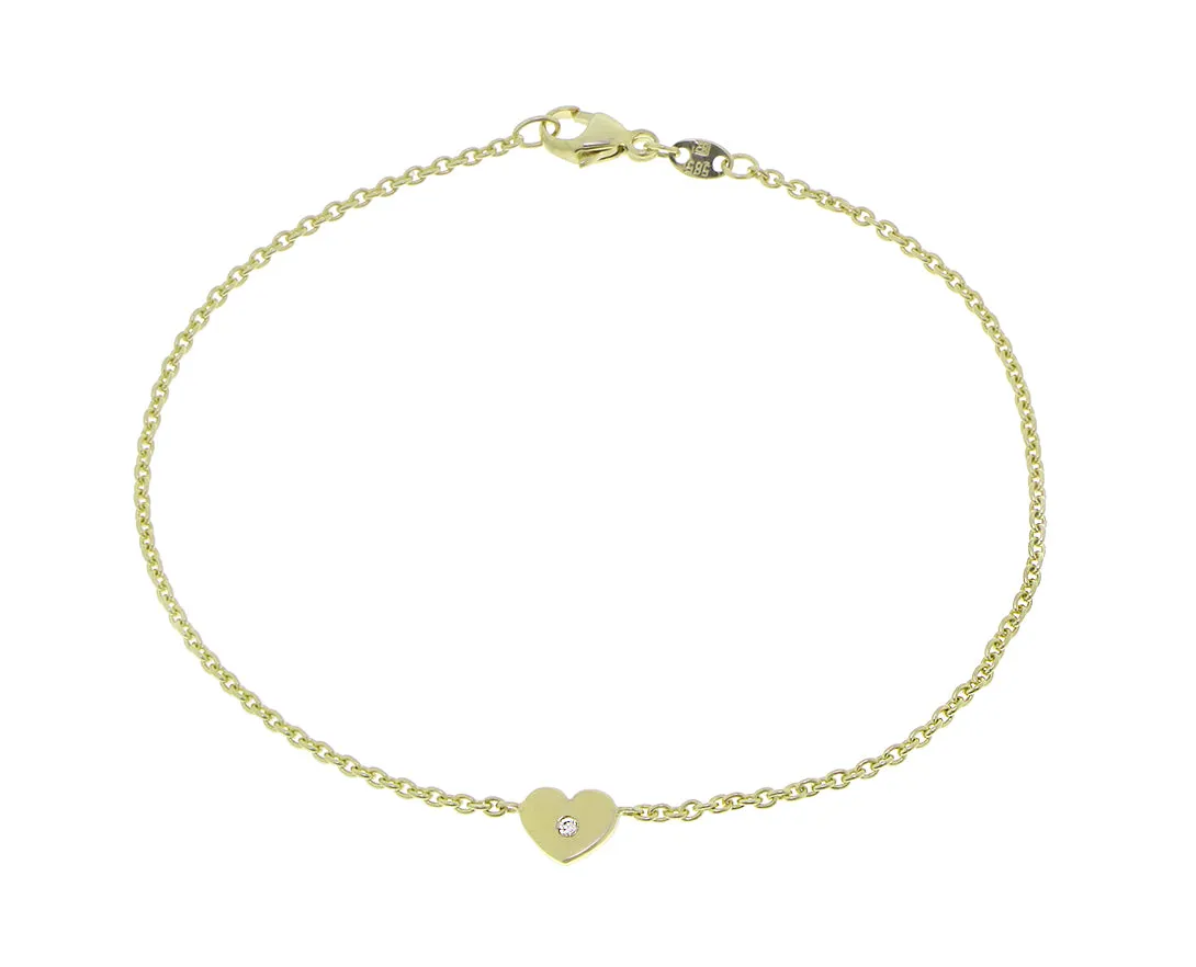 Yellow gold bracelet with a heart and a diamond