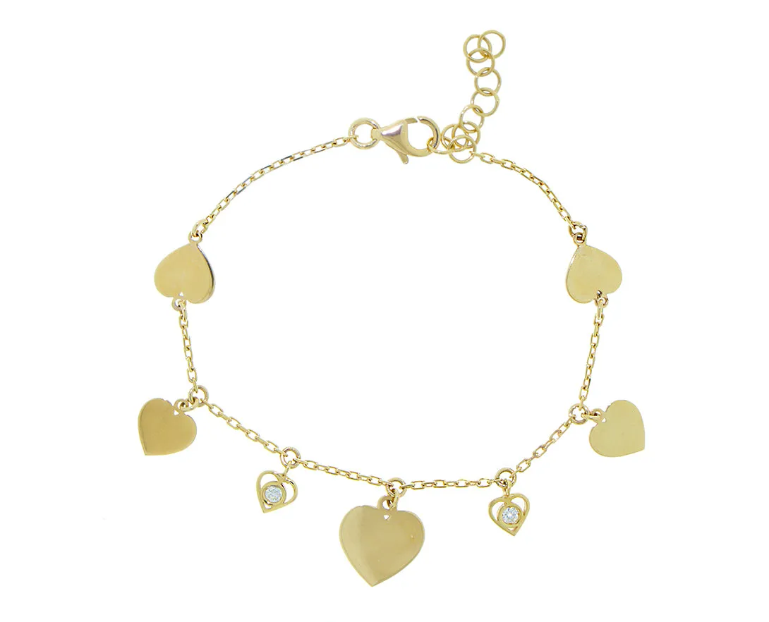Yellow gold bracelet with hearts and diamonds