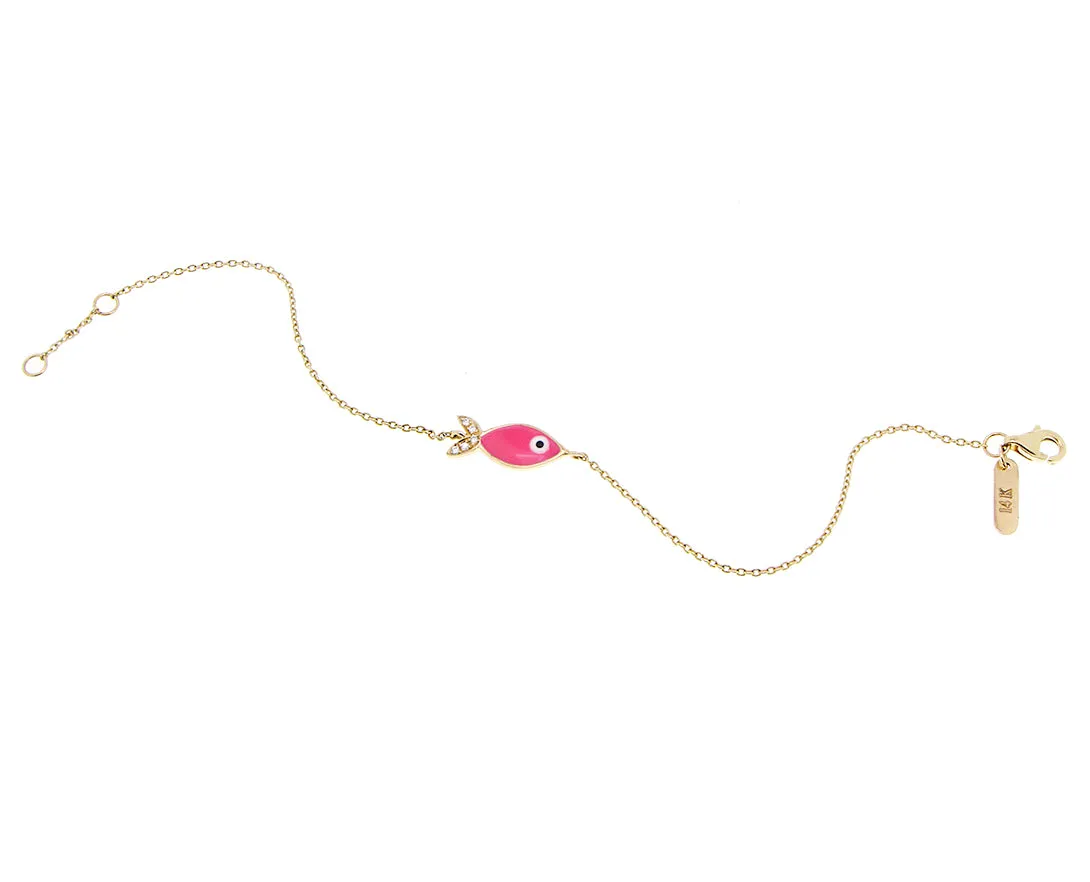 Yellow gold bracelet with pink enamel and diamond fish