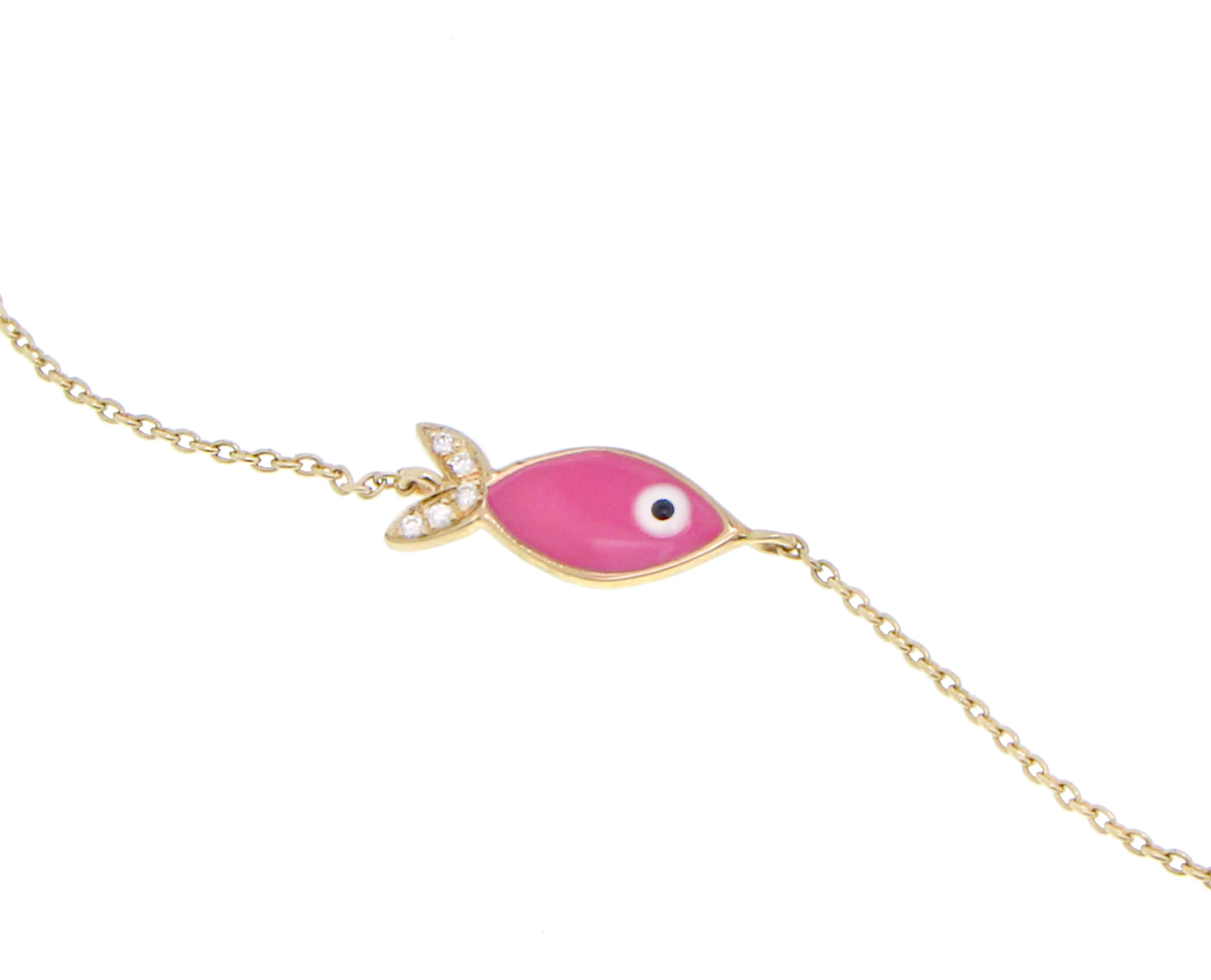 Yellow gold bracelet with pink enamel and diamond fish