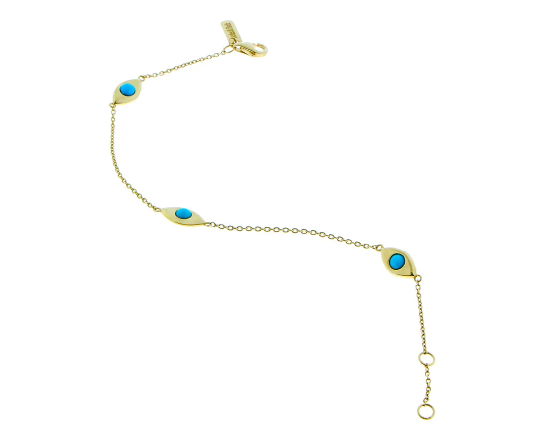 Yellow gold bracelet with three turquois eye charms