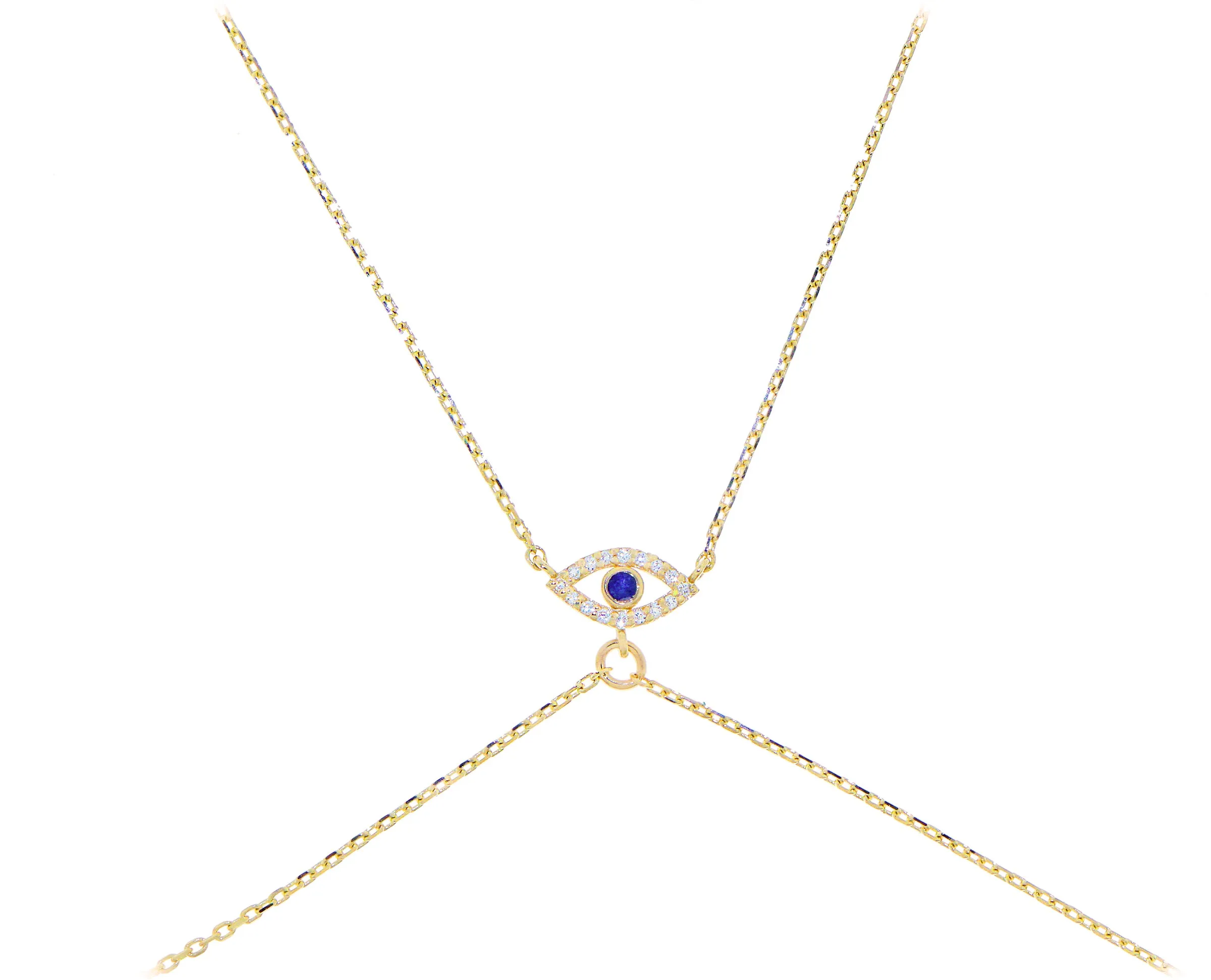 Yellow gold hand bracelets with diamonds or a diamond and sapphire nazar eye