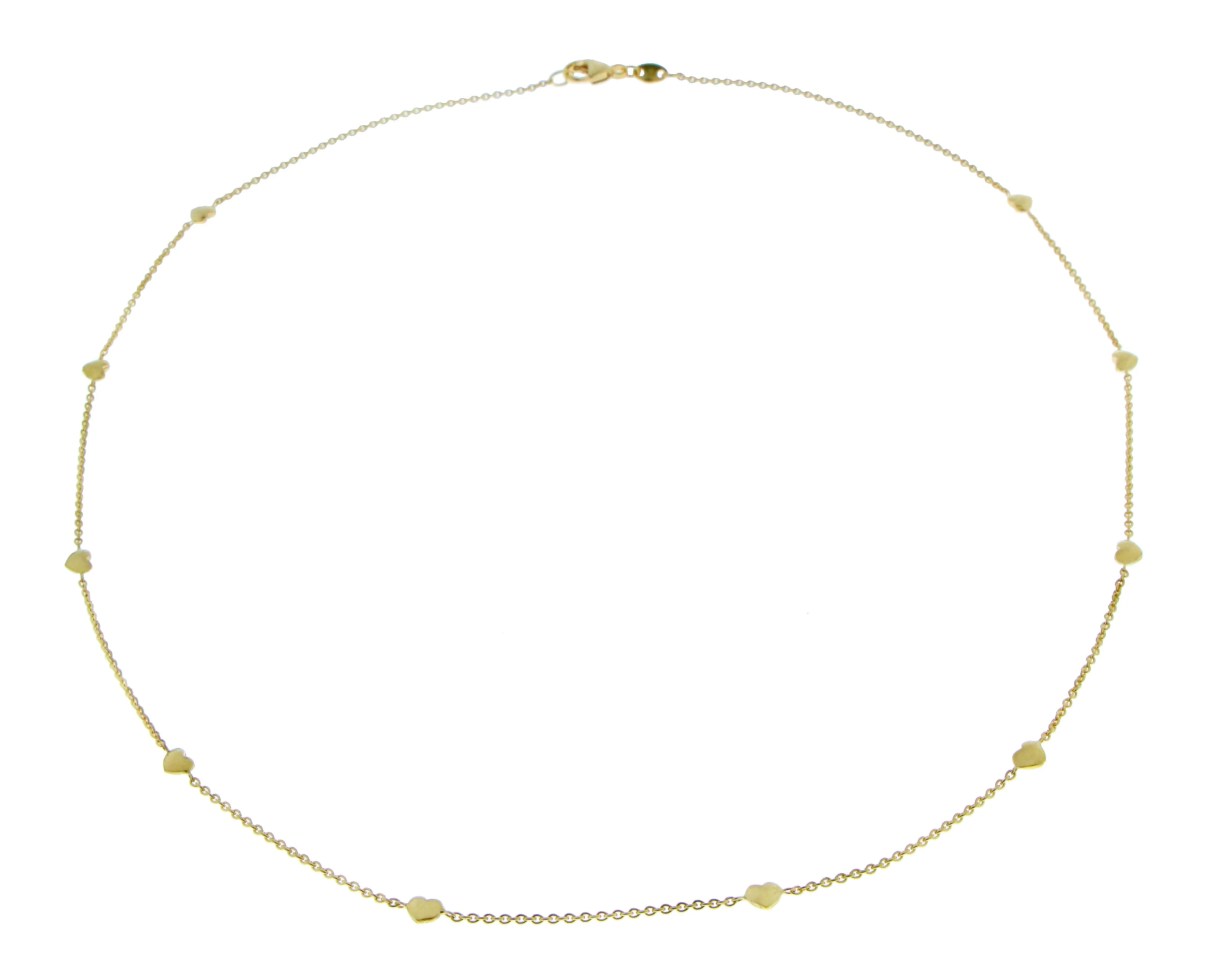 Yellow gold necklace with 10 or 4 heart charms