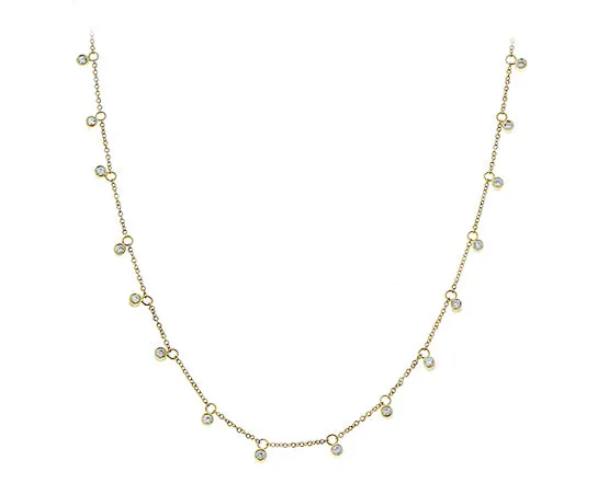 Yellow gold necklace with 25 dangling diamonds