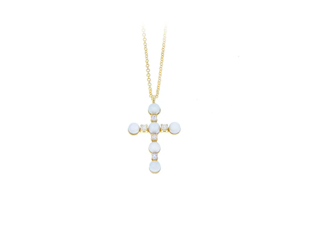 Yellow gold necklace with a diamond and pearl cross pendant