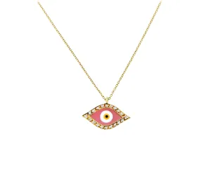 Yellow gold necklace with a diamond and pink enamel eye