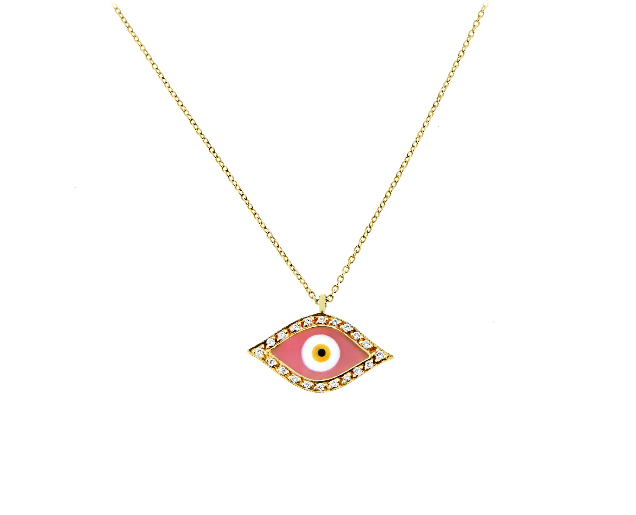 Yellow gold necklace with a diamond and pink enamel eye