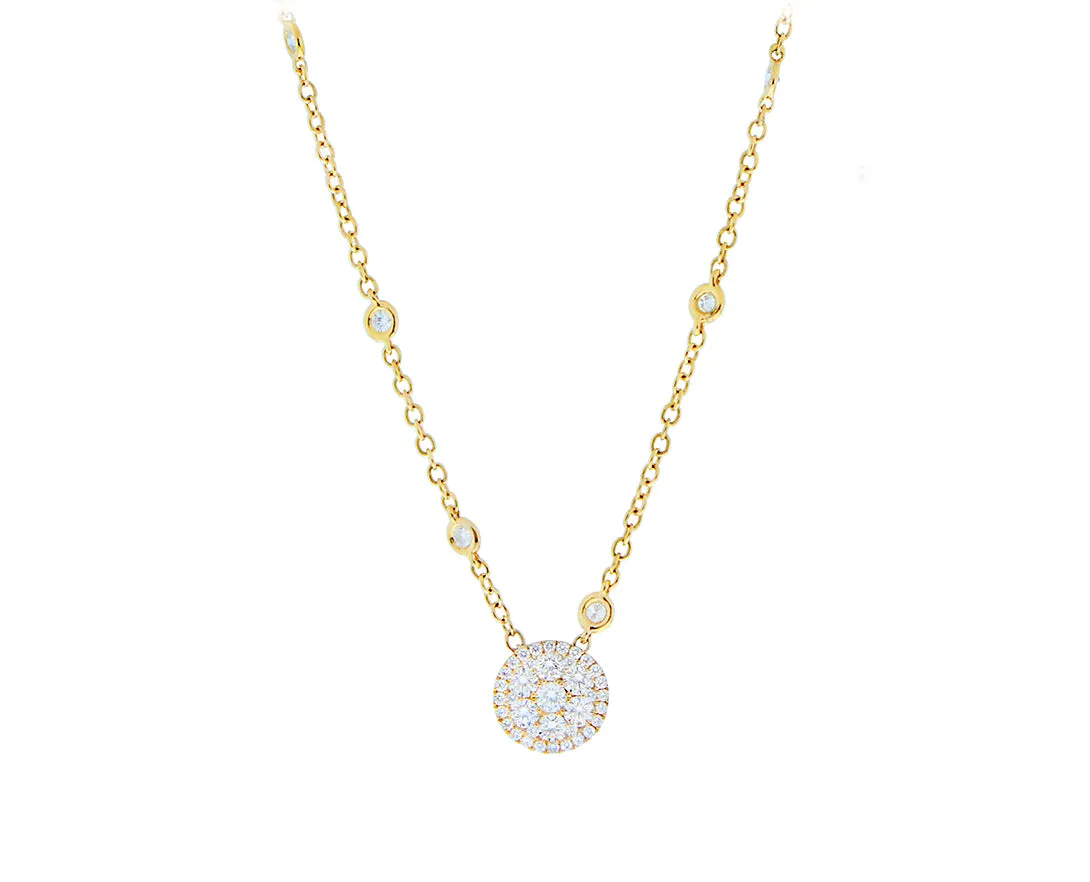 Yellow gold necklace with a diamond round pendant