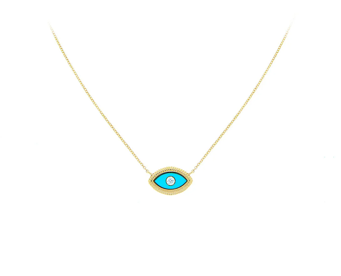 Yellow gold necklace with an turquois and diamond eye