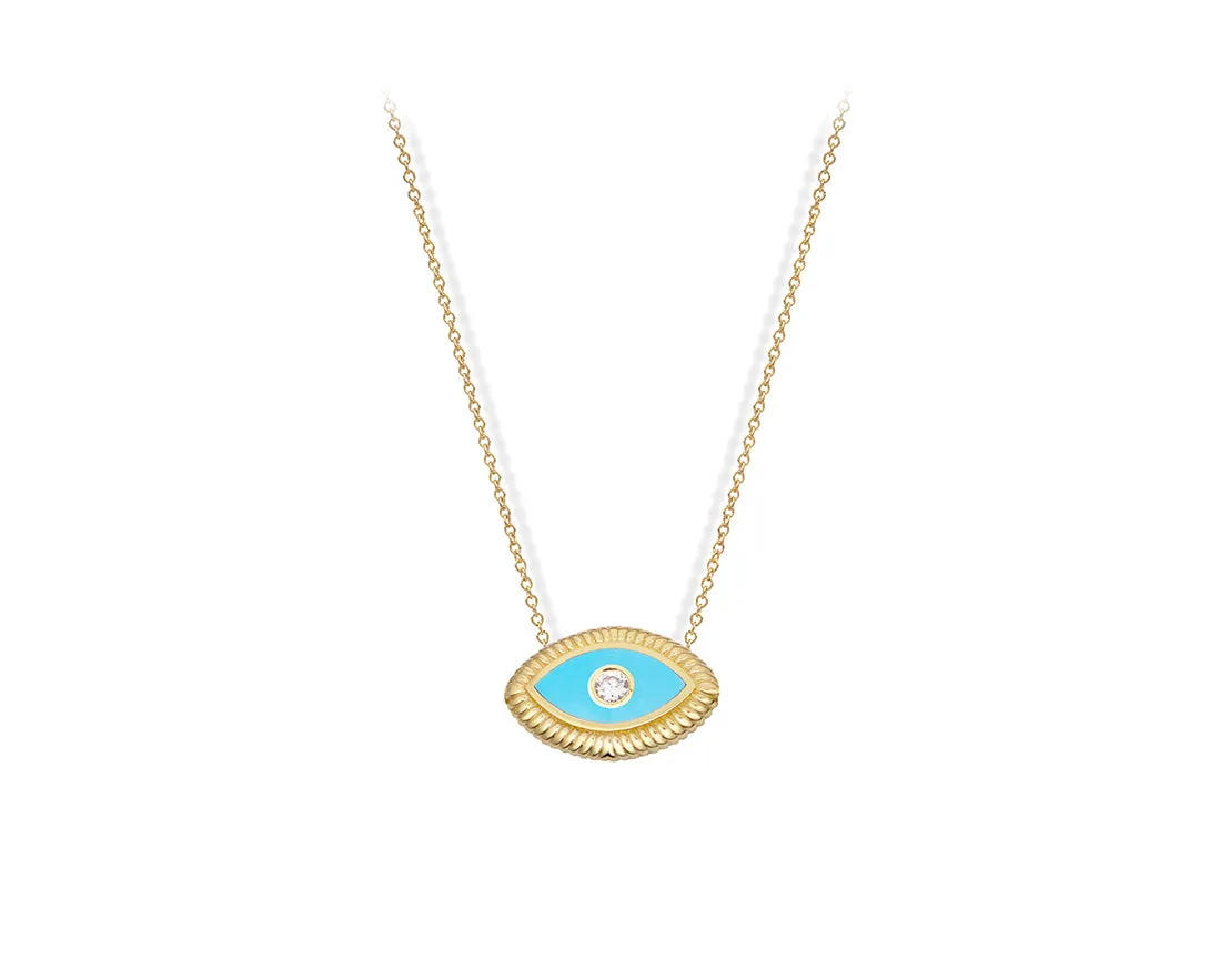 Yellow gold necklace with an turquois and diamond eye