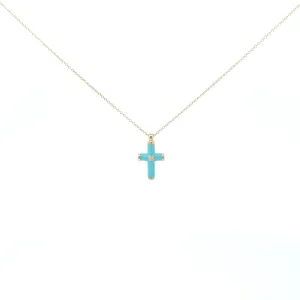Yellow gold necklace with and turquois enamel and diamond cross pendant