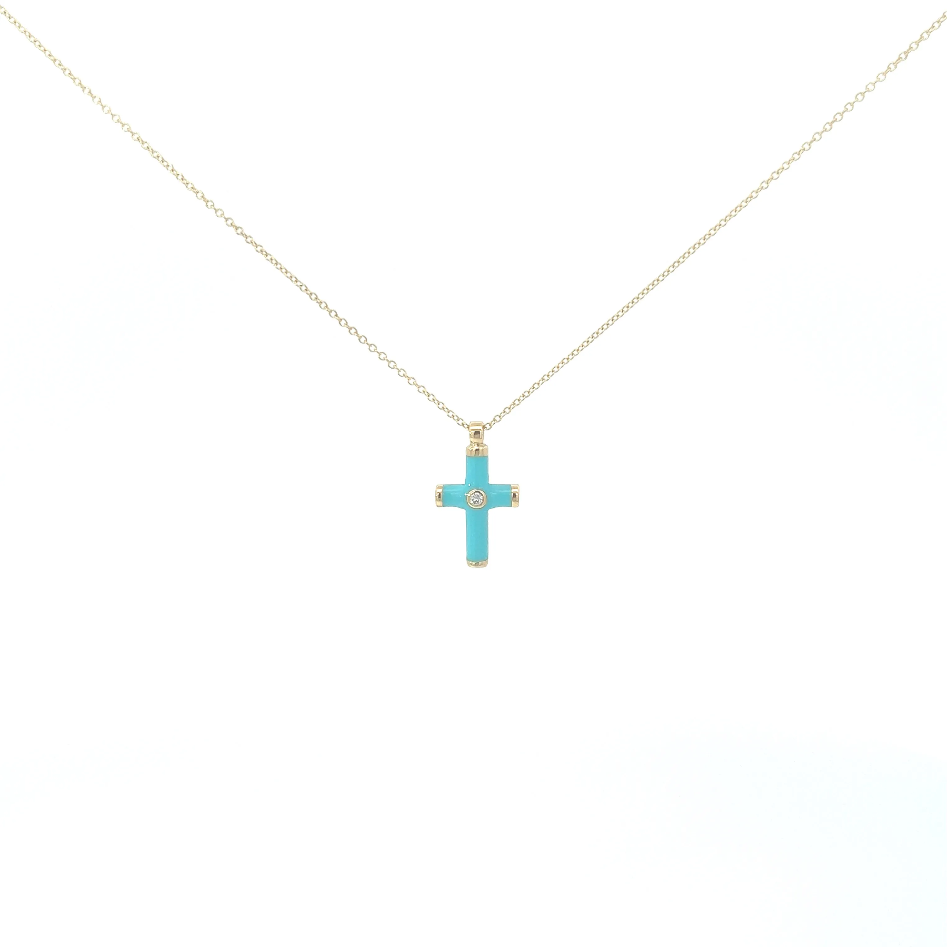 Yellow gold necklace with and turquois enamel and diamond cross pendant
