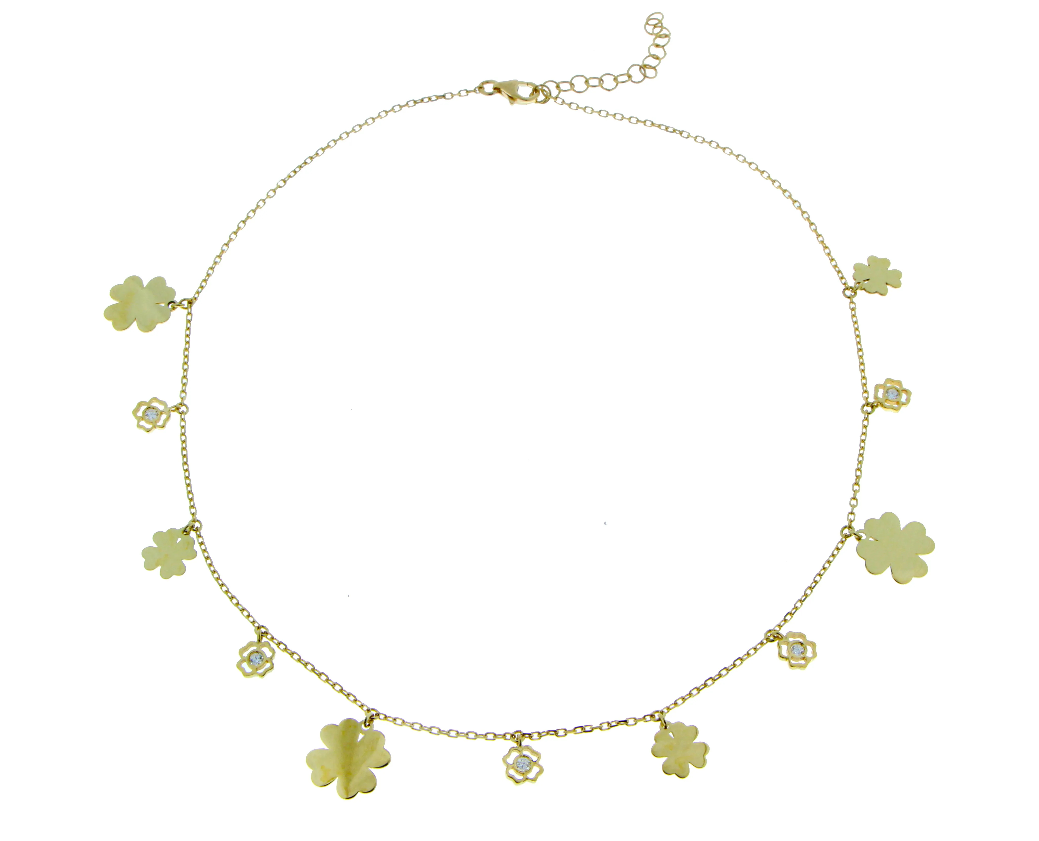 Yellow gold necklace with diamond and heart or clover charms