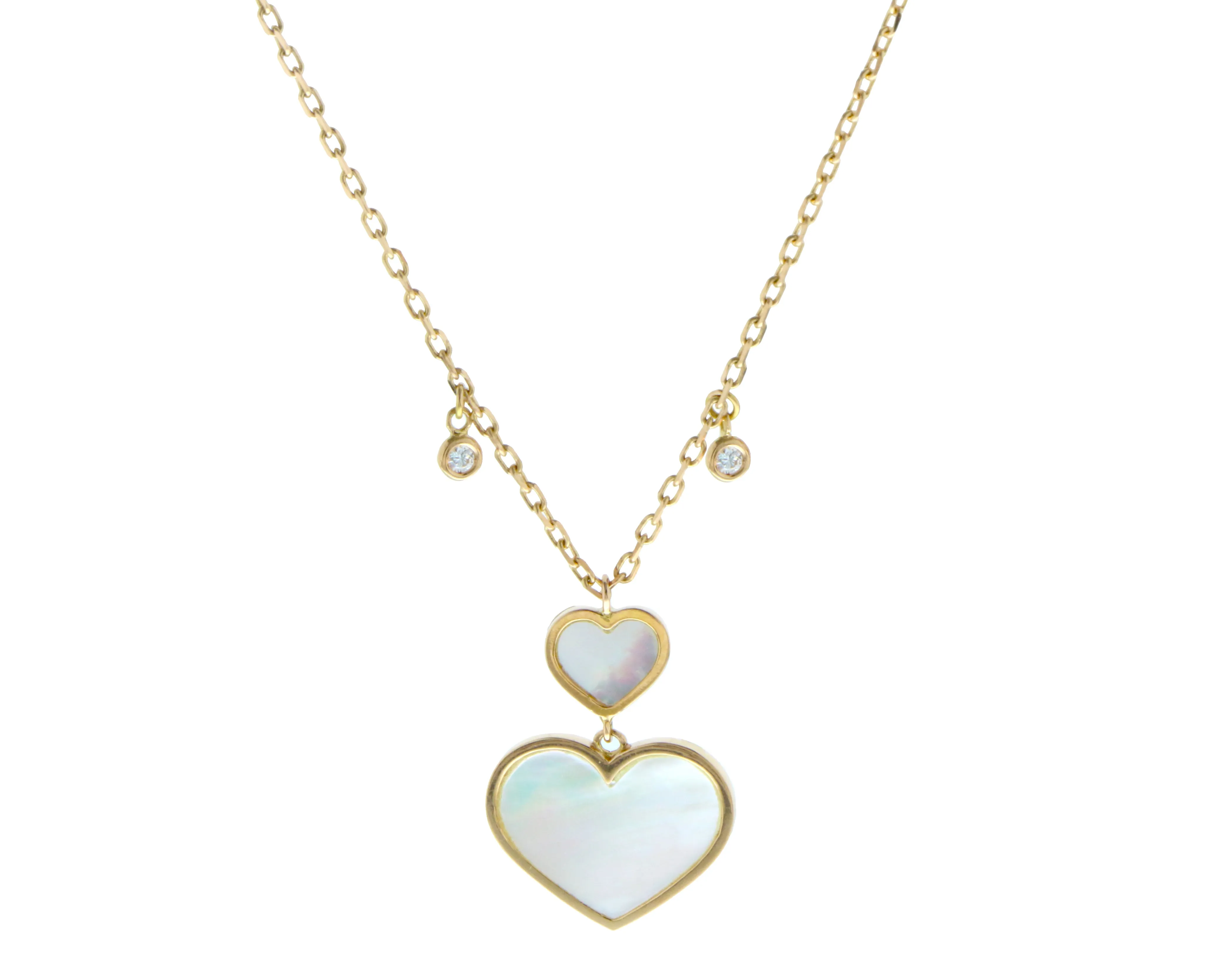 Yellow gold necklace with diamonds and white mother of pearl heart pendants