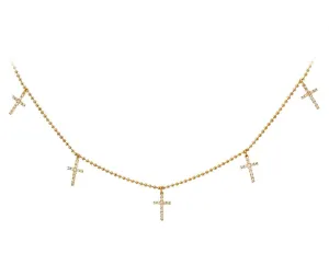 Yellow gold necklace with five small diamond cross charms