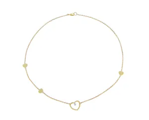 Yellow gold necklace with heart charms and a diamond