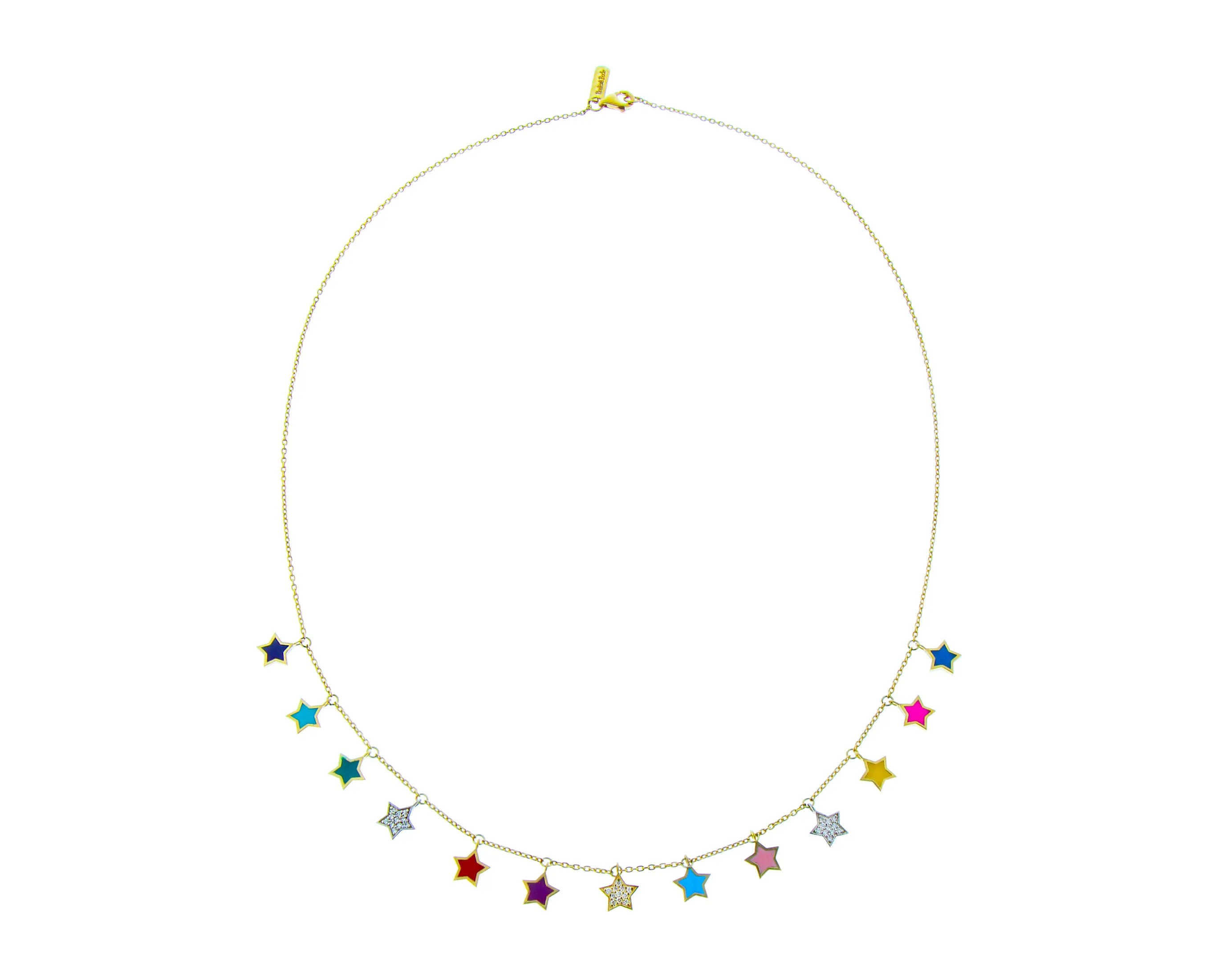 Yellow gold necklace with multi colored enamel and diamond star pendants