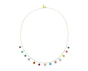 Yellow gold necklace with multi colored enamel and diamond star pendants