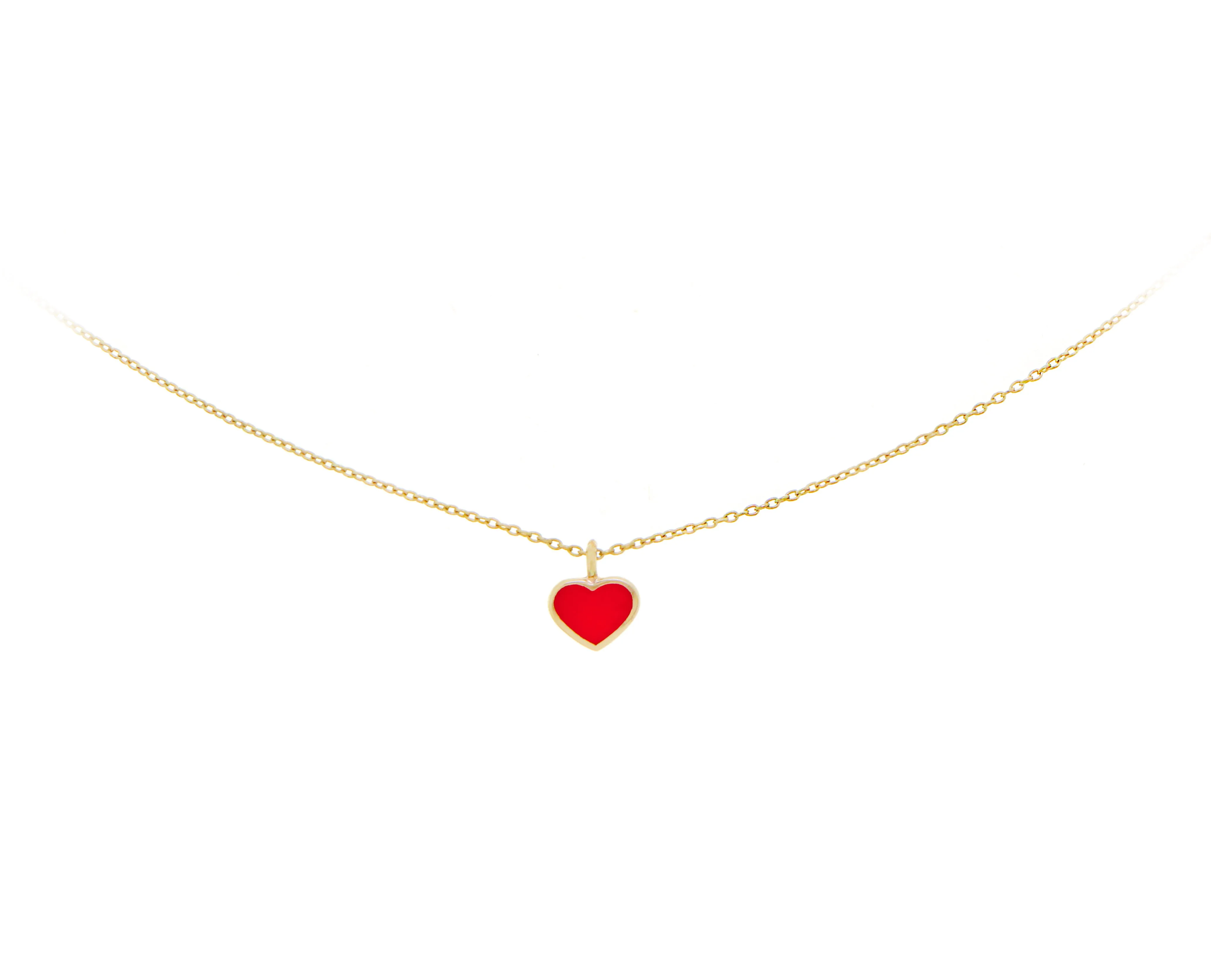 Yellow gold necklace with small red enamel heart charm